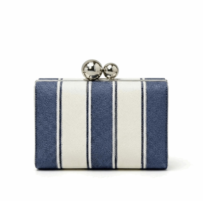 'Regatta' Striped Box Clutch | Premium Navy & Cream Canvas | Architectural Spherical Clasp Evening Bag