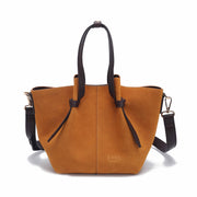 Women Vintage Caramel Suede Genuine Leather Tote Bag Large Capacity Handbag With Detachable Strap