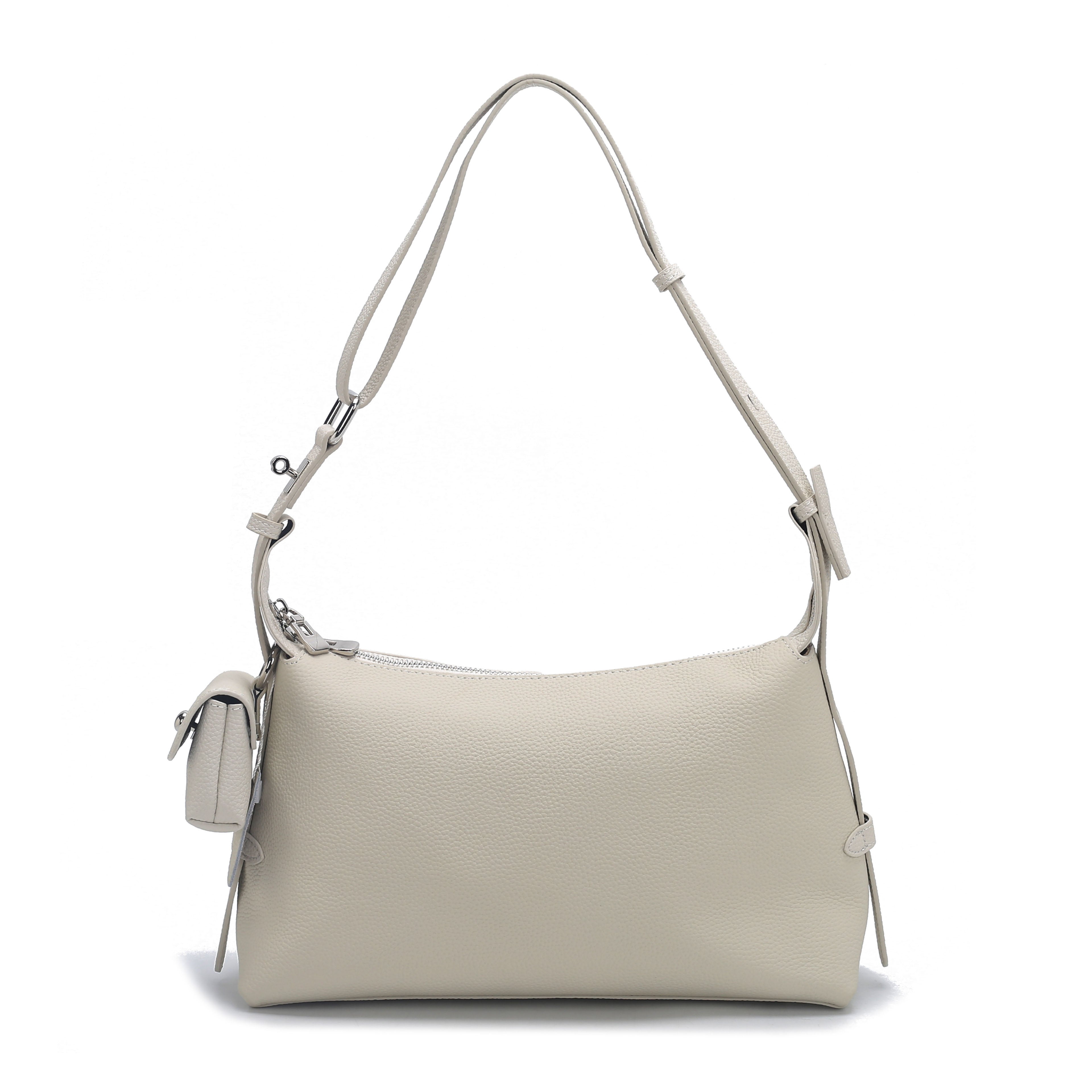 Off White Pebbled Leather Shoulder Bag with Mini Coin Pouch, Bulk Supply for Established Fashion Brands
