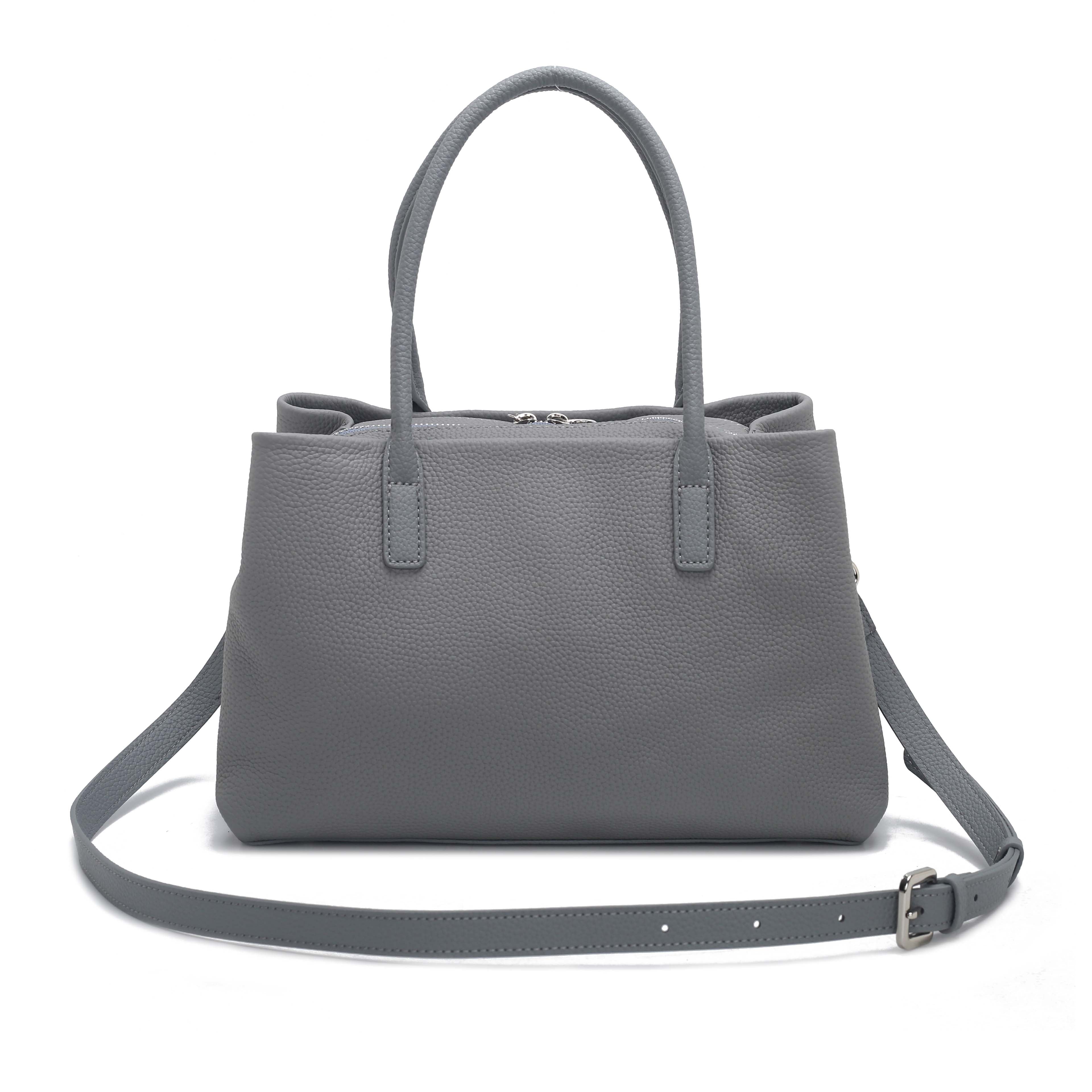 Grey Pebbled Leather Lock Detail Handbag with Crossbody Strap