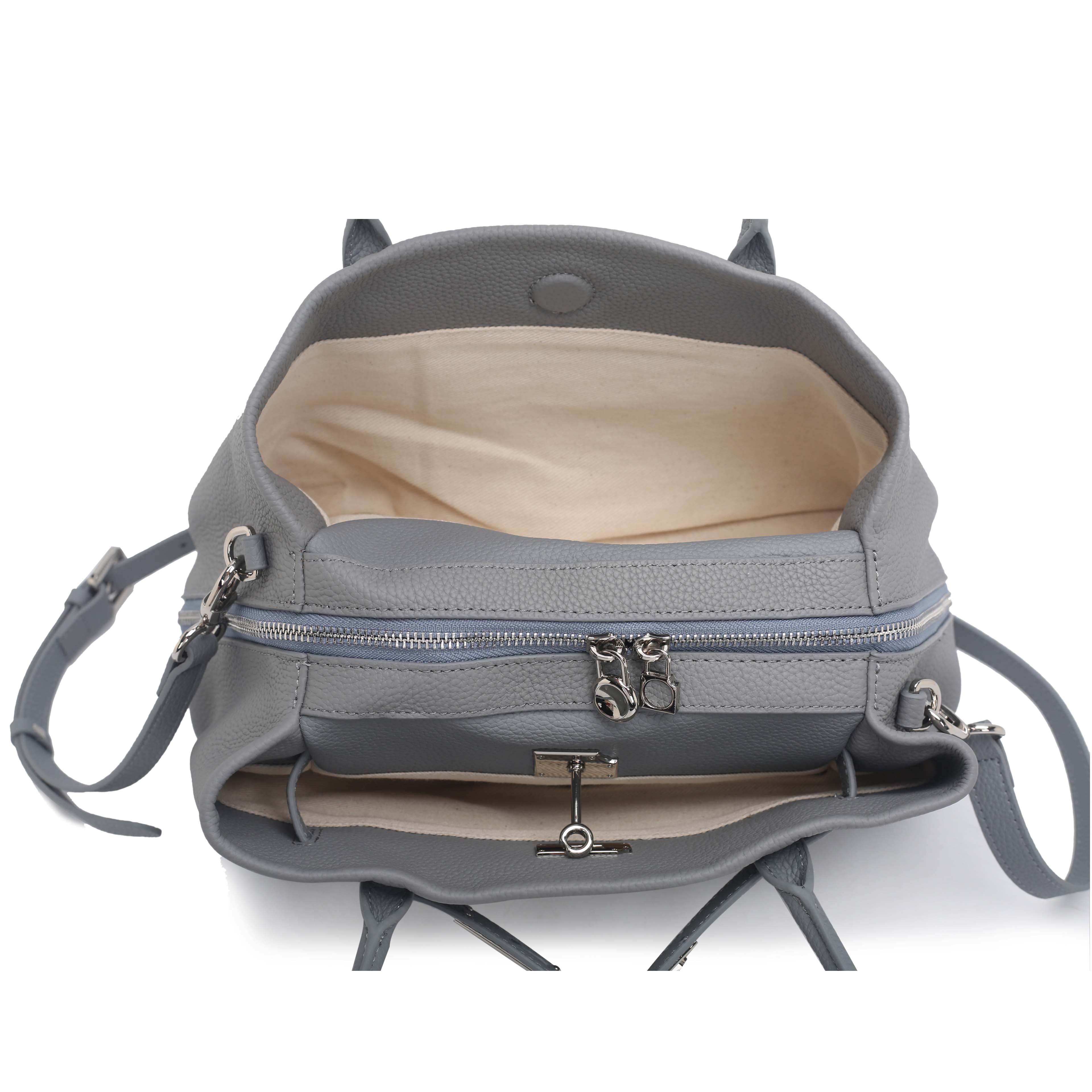 Grey Pebbled Leather Lock Detail Handbag with Crossbody Strap