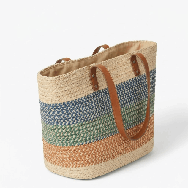 'Horizon' Artisan Woven Beach Tote | Multi-Color Gradient Straw Weave | High-Capacity Summer Shopper with Reinforced Saffiano-Texture Handles