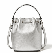 'Stellar' Metallic Bucket Bag | Premium Silver Pebbled Grain Leather | Contemporary Drawstring Design with Adjustable Multi-Carry System
