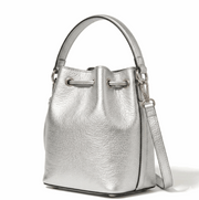 'Stellar' Metallic Bucket Bag | Premium Silver Pebbled Grain Leather | Contemporary Drawstring Design with Adjustable Multi-Carry System