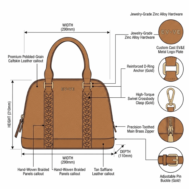 Bohemian-Chic 'Braided' Satchel | Premium Tan Pebbled Leather | Crossbody Conversion