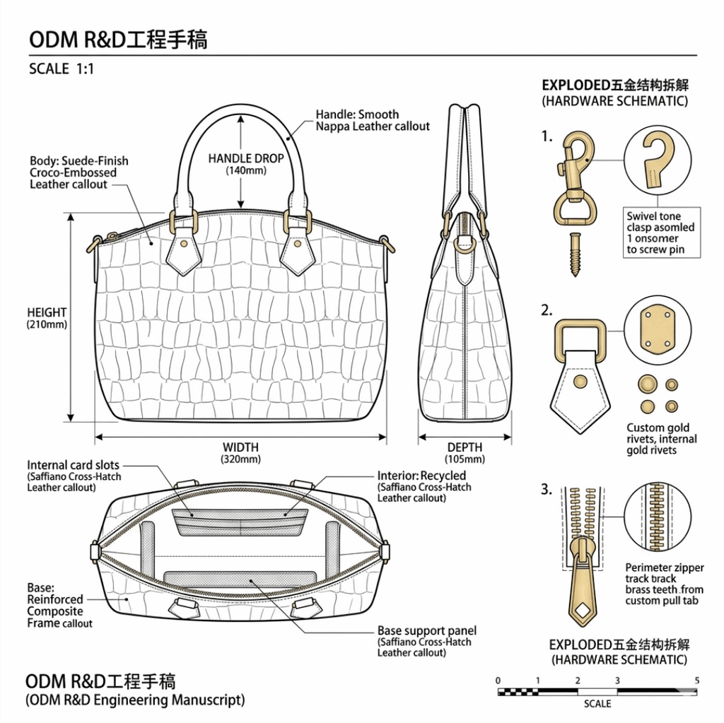 'Eden' Croco-Embossed Trapeze Satchel | Premium Suede-Finish Leather | Multi-Way Crossbody Conversion