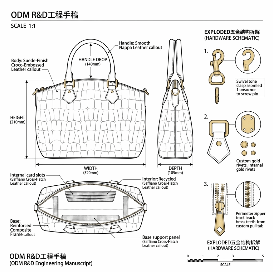 'Eden' Croco-Embossed Trapeze Satchel | Premium Suede-Finish Leather | Multi-Way Crossbody Conversion