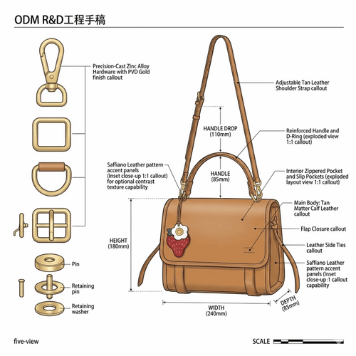 'Berry' Artisanal Crossbody | Premium Vegan Tan Leather | Detachable Strawberry Charm & Wide Utility Strap