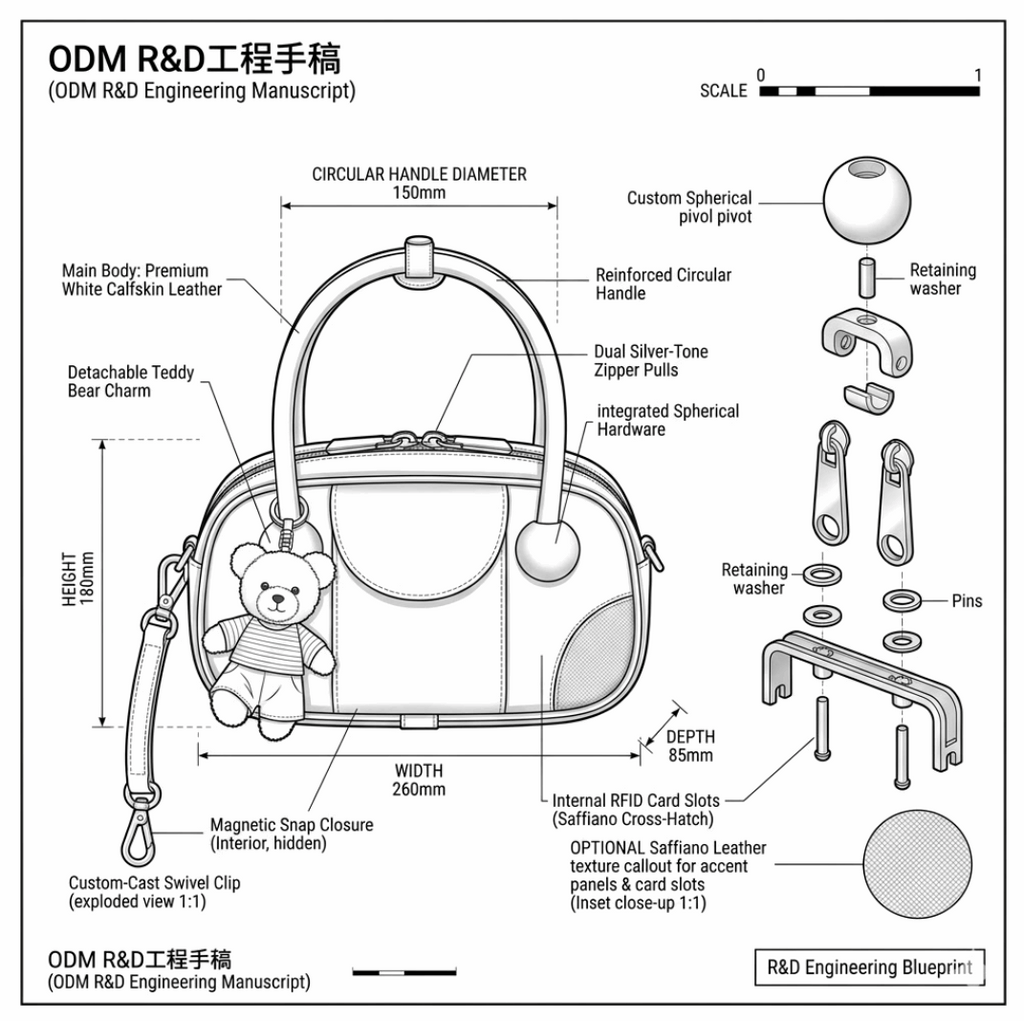 'Orbit' Avant-Garde Mini Satchel | High-Gloss Patent Leather | Circular Sculptural Handle & Teddy Charm