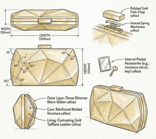 'Aura' Geometric Faceted Clutch | Premium Gold Shimmer Hard-Shell | Architectural Crystal-Cut Evening Bag