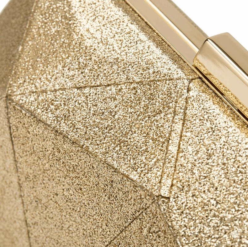 'Aura' Geometric Faceted Clutch | Premium Gold Shimmer Hard-Shell | Architectural Crystal-Cut Evening Bag