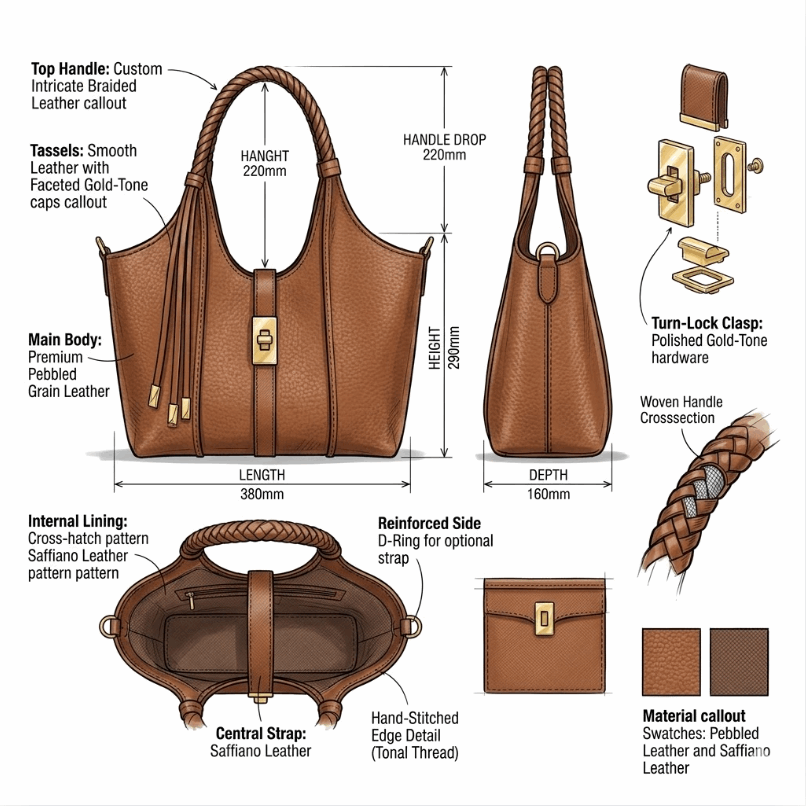 'Aura' Sculpted Hobo Tote | Premium Pebbled Grain Leather | Artisan Braided Handle Carryall with Vertical Tonal Piping