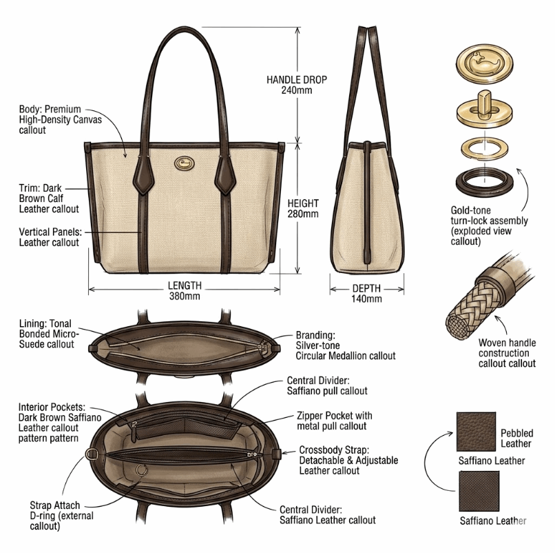 'Terra' Mixed-Media Tote | Premium Textured Canvas & Calf Leather Trim | Sophisticated Summer Professional Carryall with Artisan Contrast Stitching