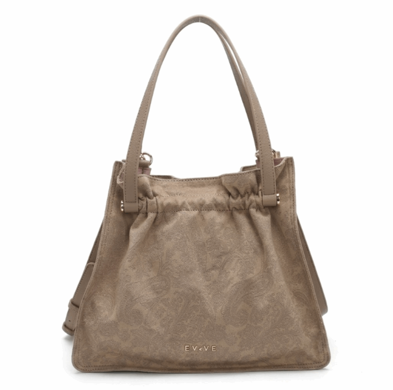 'Paisley Muse' Gathered Tote | Premium Embossed Suede-Finish Leather | Versatile Trapezoidal Carryall with Artisan Drawstring Detailing