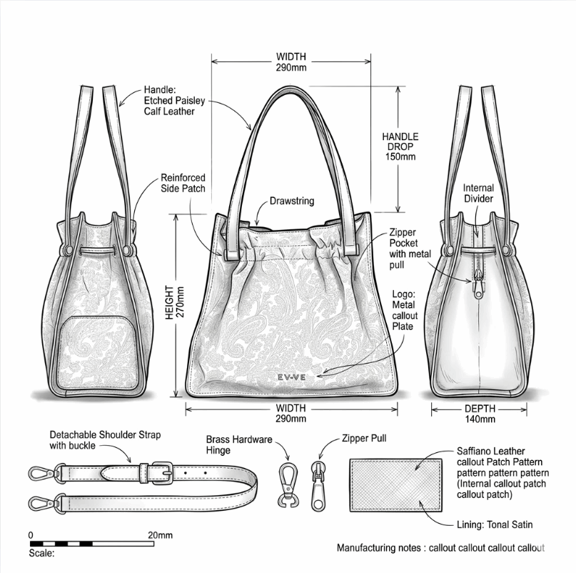 'Paisley Muse' Gathered Tote | Premium Embossed Suede-Finish Leather | Versatile Trapezoidal Carryall with Artisan Drawstring Detailing