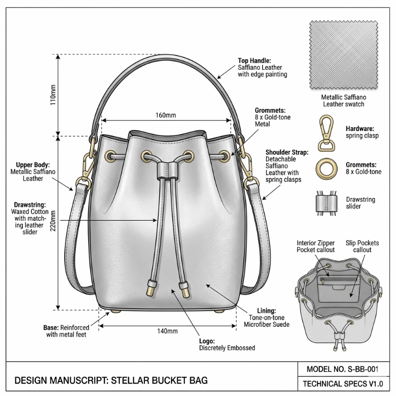 'Stellar' Metallic Bucket Bag | Premium Silver Pebbled Grain Leather | Contemporary Drawstring Design with Adjustable Multi-Carry System