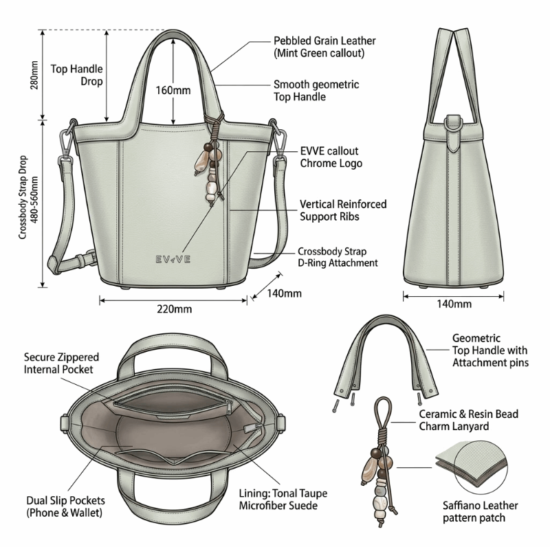 'Luna' Minimalist Bucket Bag | Premium Pebbled Grain Leather | Versatile Dual-Handle Design with Artisan Bead Charm & Adjustable Crossbody Strap