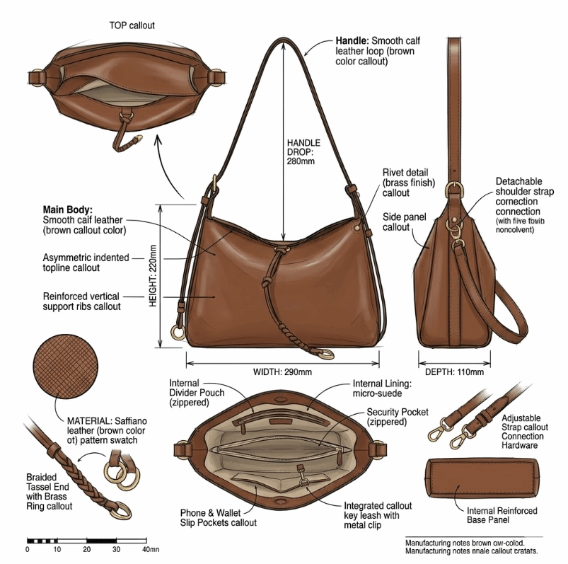 'Vertex' Cinch Shoulder Bag | Premium Polished Calf Leather | Architectural Folded Silhouette with Artisan Braided Tassel & Adjustable Strap