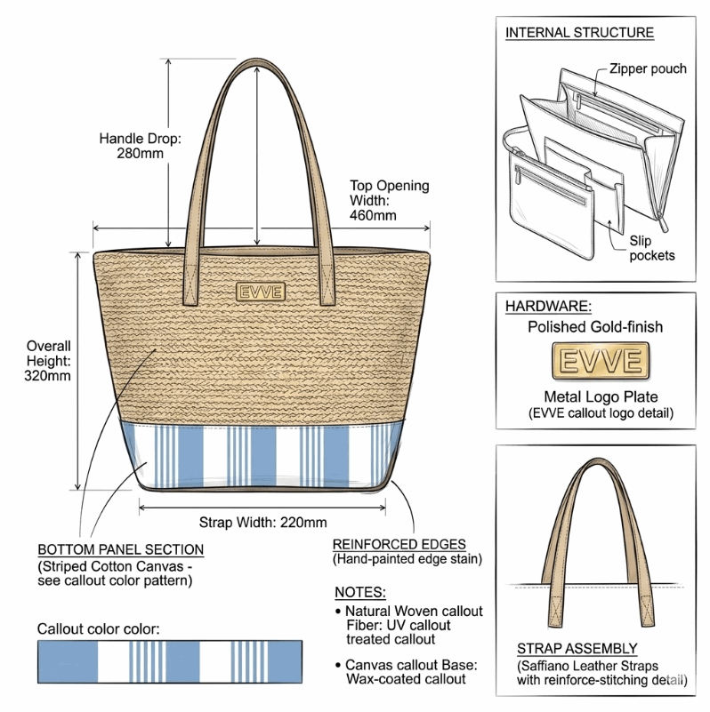 'Riviera' Artisan Beach Tote | Premium Hand-Woven Raffia & Nautical Striped Canvas | High-Capacity Summer Carryall with Reinforced Leather-Touch Handles