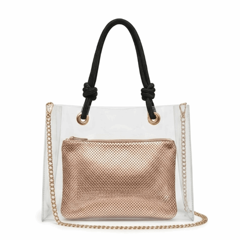 'Stellar' Luxe Transparent Tote | Premium UV-Resistant PVC & Metallic Mesh Interior | Sophisticated Beach-to-Bistro Carryall with Braided Rope Handles