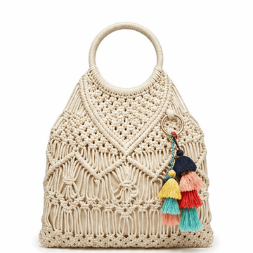 'Amalfi' Artisan Macramé Tote | Hand-Knotted Bohemian Cotton Rope | Elegant Circular Resin Handle with Multi-Tone Tassel Accents