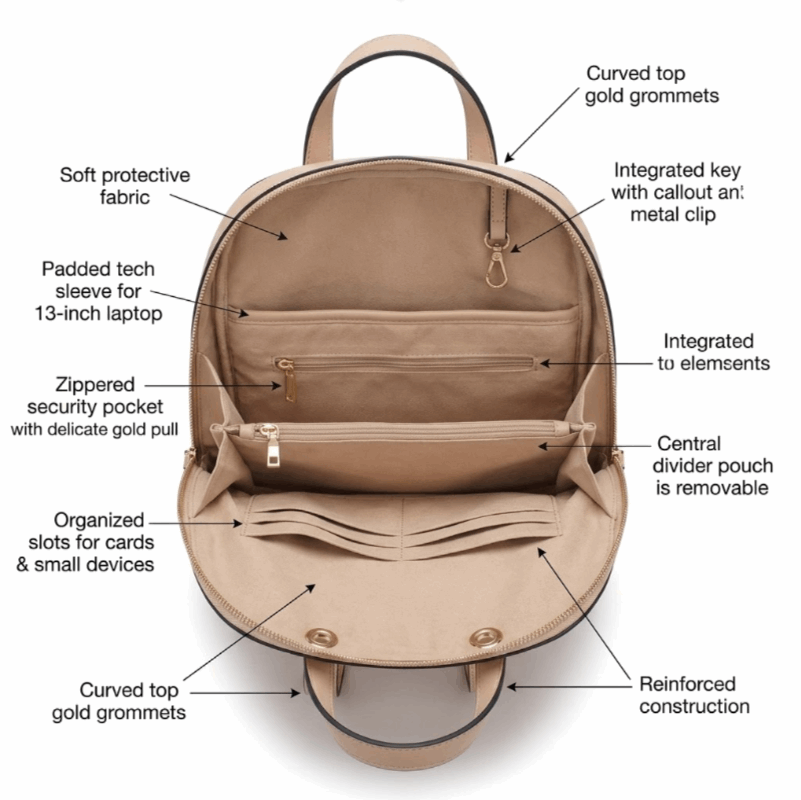 'Luna' Minimalist Urban Backpack | Premium Smooth Vegan Leather | Sophisticated Front-Chain Accent & Dual-Compartment Tech Storage