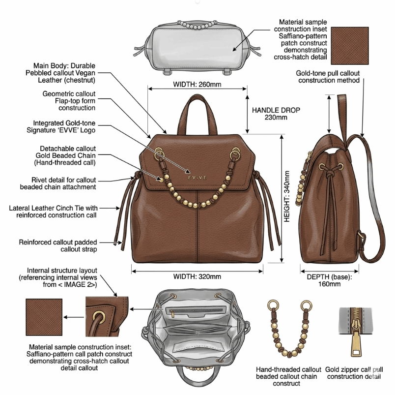 'Sienna' Convertible Urban Backpack | Premium Pebbled Vegan Leather | Signature Gold-Tone Beaded Chain Accent & Architectural Flap Design