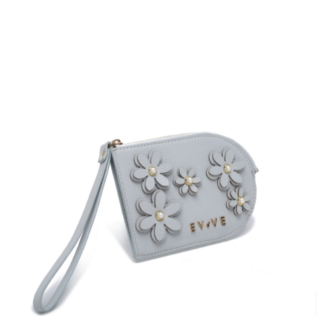 Petal-Bloom Wristlet Clutch | Perlenverziertes Blumen-Applikation | Hochwertiges genarbtes Leder