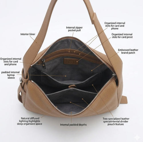 'Kensington' Classic Pebble-Grain Calfskin Hobo | Premium Tan Genuine Leather | Secure Dual-Compartment Tech Shoulder Bag with Adjustable Crossbody Option