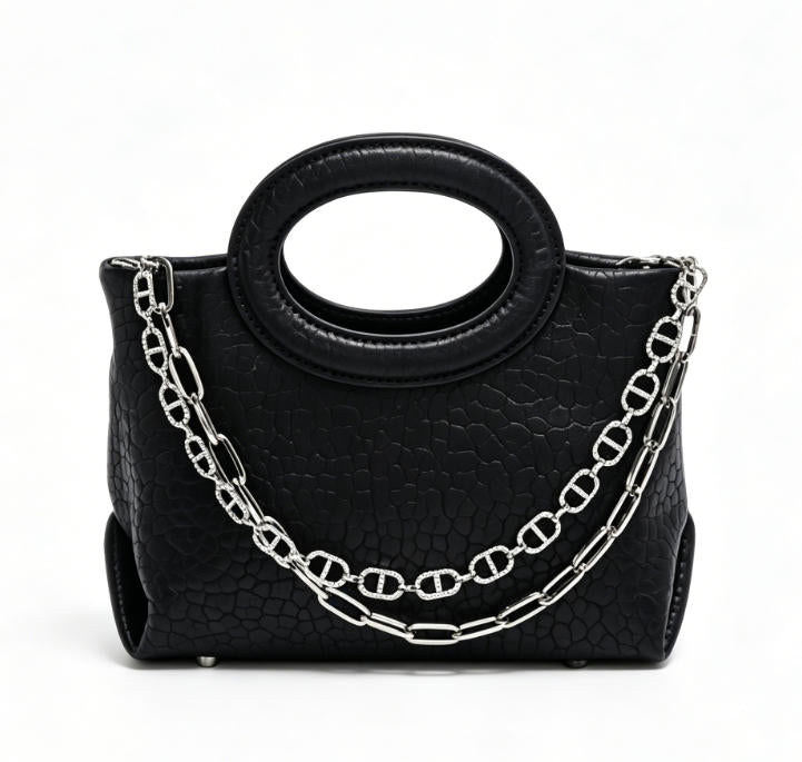 Genuine Leather Mini Tote Bag with Double Chain Strap, Bubble Textured Top Handle Handbag, OEM/ODM Customizable for Women