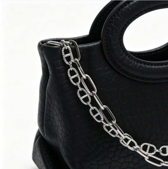 Genuine Leather Mini Tote Bag with Double Chain Strap, Bubble Textured Top Handle Handbag, OEM/ODM Customizable for Women