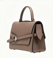 Genuine Leather Structured Top-Handle Satchel Bag, Minimalist Flap Handbag with Adjustable Buckle Strap
