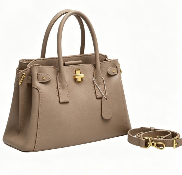 Genuine Leather Structured Top Handle Tote Bag, Women's Classic Satchel with Gold Hardware & Detachable Strap, OEM/ODM Customizable