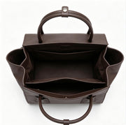 Minimalist Dark Brown Genuine Leather Tote Bag, Structured Flap Top-Handle Handbag for Work & Daily Commute