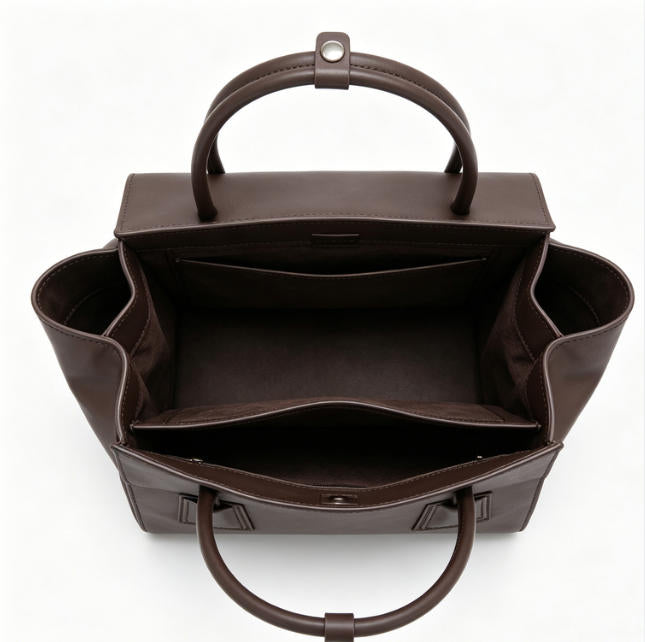 Minimalist Dark Brown Genuine Leather Tote Bag, Structured Flap Top-Handle Handbag for Work & Daily Commute