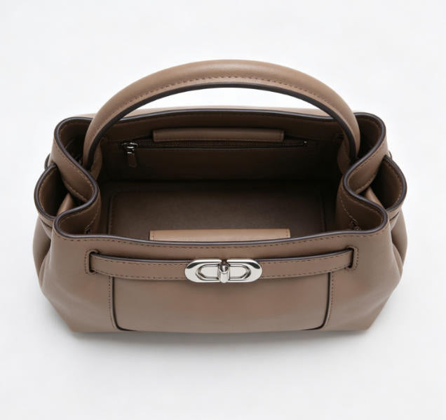 Genuine Leather Mini Top-Handle Bucket Bag, Women's Satchel with Silver Turn-Lock, OEM/ODM Customizable Handbag