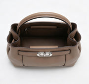 Genuine Leather Mini Top-Handle Bucket Bag, Women's Satchel with Silver Turn-Lock, OEM/ODM Customizable Handbag