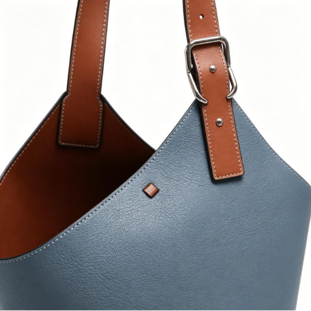Genuine Leather Color-Block Bucket Tote Bag, Women's Large Asymmetrical Shoulder Bag with Adjustable Strap, OEM/ODM Customizable