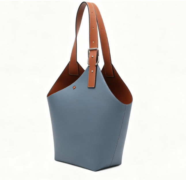 Genuine Leather Color-Block Bucket Tote Bag, Women's Large Asymmetrical Shoulder Bag with Adjustable Strap, OEM/ODM Customizable