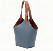 Genuine Leather Color-Block Bucket Tote Bag, Women's Large Asymmetrical Shoulder Bag with Adjustable Strap, OEM/ODM Customizable