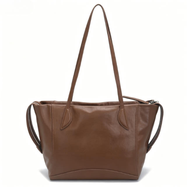 Soft Brown Genuine Leather Expandable Tote Bag, Everyday Shoulder Tote with Adjustable Side Zippers for Work & Travel