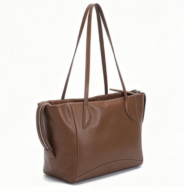 Soft Brown Genuine Leather Expandable Tote Bag, Everyday Shoulder Tote with Adjustable Side Zippers for Work & Travel