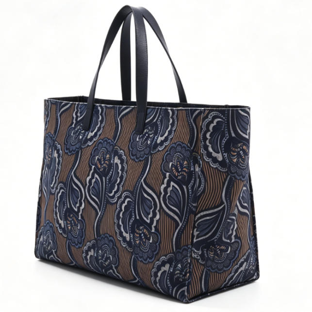 Printed Fabric & Leather Tote Bag, Women's Large Floral Paisley Shoulder Tote with Genuine Leather Handles, OEM/ODM Customizable