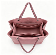 Cute Pink Genuine Leather Tote Bag with Braided Chain Handle & Poodle Charm, Large Shoulder Bag for Daily & Casual Use