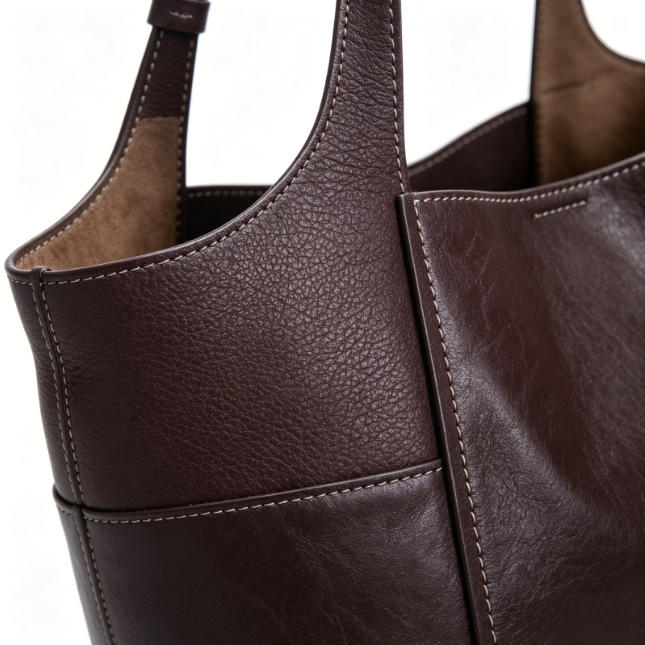 Genuine Leather Patchwork Tote Bag, Women's Soft Brown Shoulder Tote with Adjustable Straps, OEM/ODM Customizable