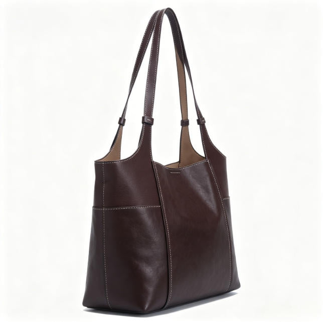 Genuine Leather Patchwork Tote Bag, Women's Soft Brown Shoulder Tote with Adjustable Straps, OEM/ODM Customizable