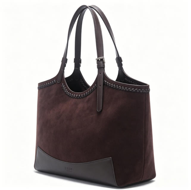 Genuine Leather & Suede Tote Bag, Women's Dark Brown Shoulder Tote with Braided Trim, OEM/ODM Customizable