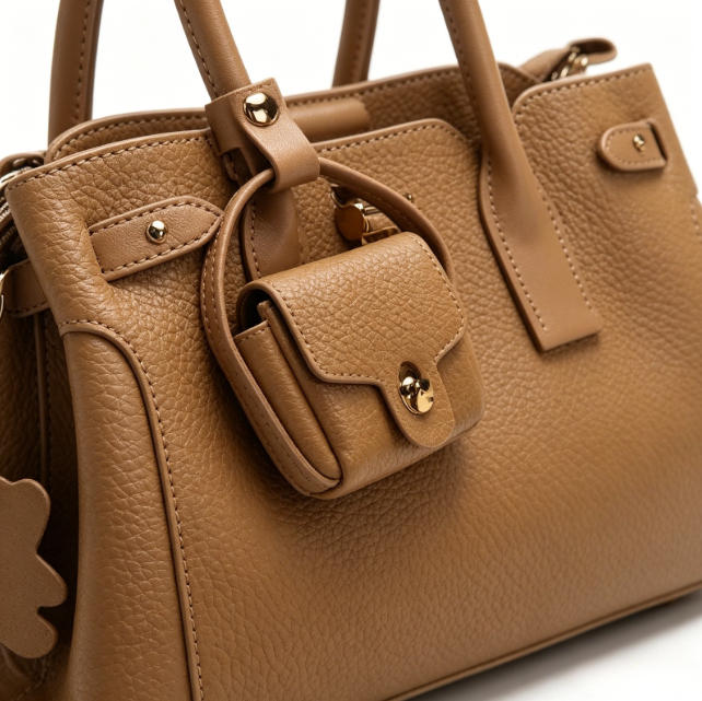 Genuine Leather Satchel Crossbody Bag, Women's Top-Handle Tote with Mini Pouch & Bear Charm, OEM/ODM Customizable