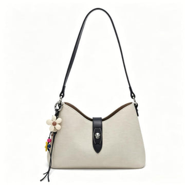 Boho Beige Canvas & Leather Hobo Bag, Casual Crossbody Shoulder Bag with Flower Charm for Everyday