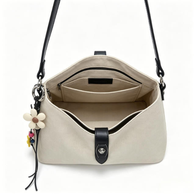 Boho Beige Canvas & Leather Hobo Bag, Casual Crossbody Shoulder Bag with Flower Charm for Everyday